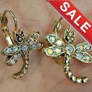 Kirks Folly Gold Dragonfly Pierced Earrings with Iridescent AB Crystal Accents